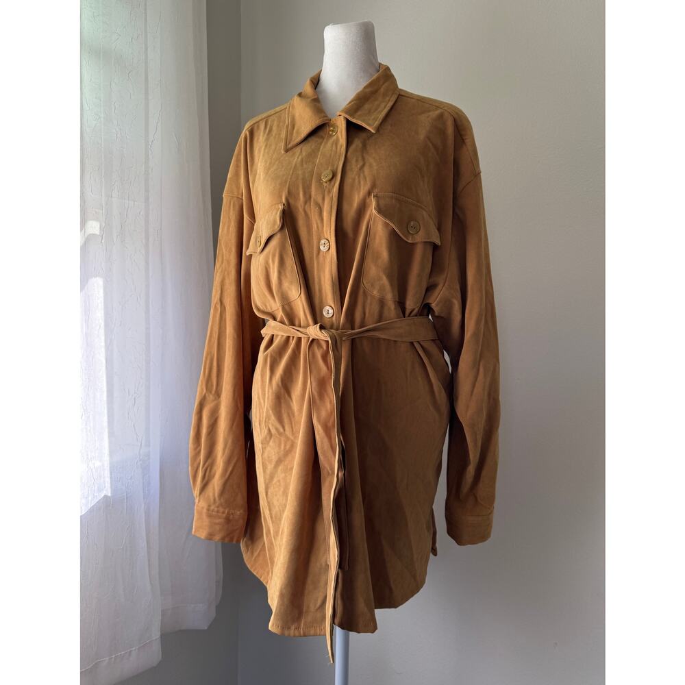 NY & Co Tan Faux Suede Button Front Collared Belted Shacket